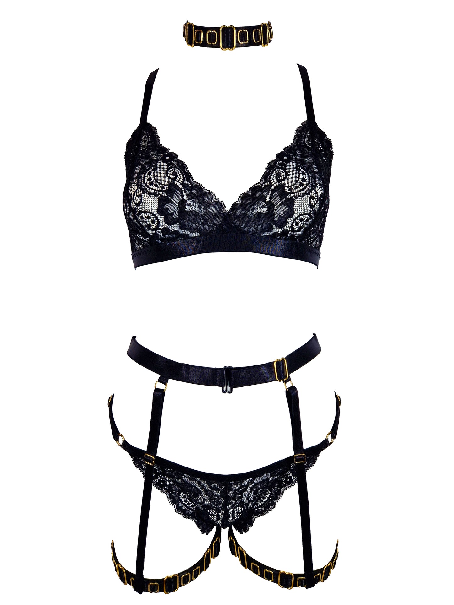 Golden Flame III lace lingerie set with crotchless panties and garters black