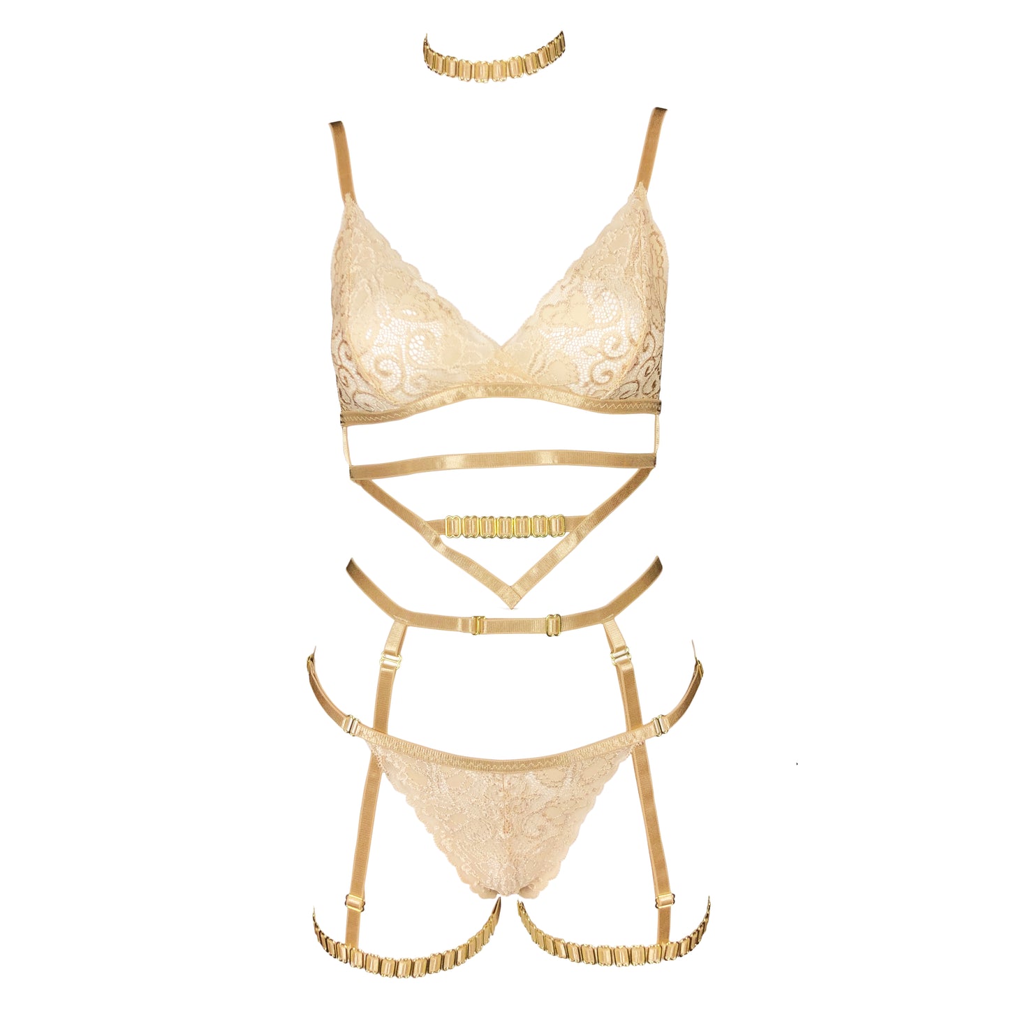 24k Gold lace lingerie set with crotchless panties and garters in champagne