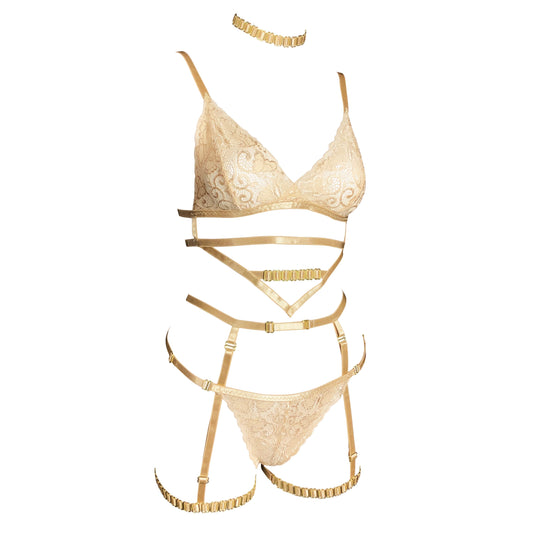 24k Gold lace lingerie set with crotchless panties and garters in champagne