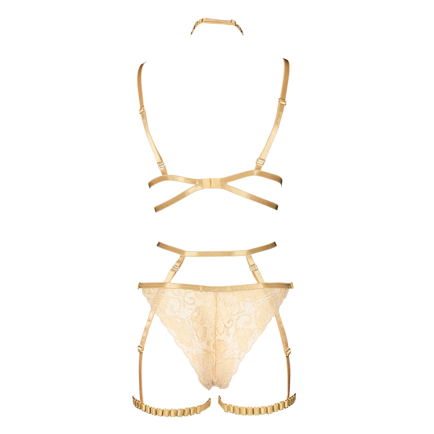 22k Gold lace lingerie set with garters in champagne