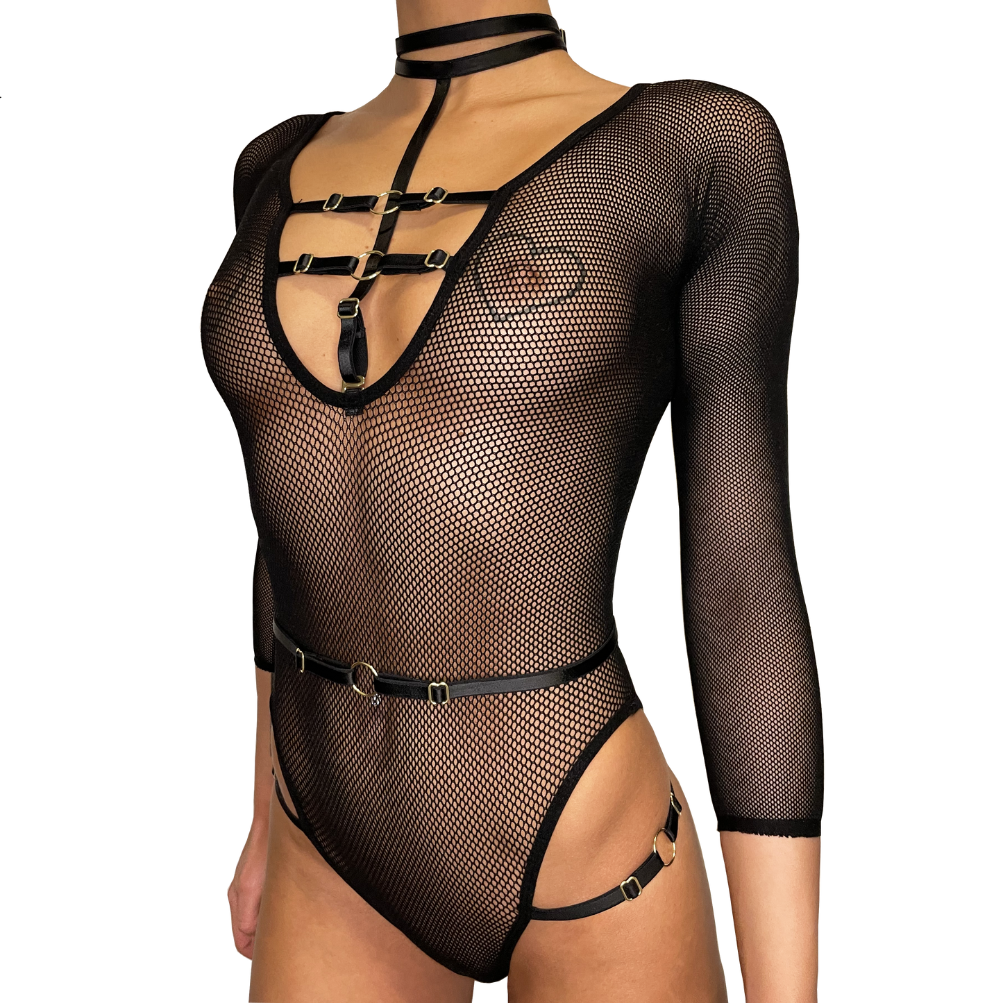 Fishnet bodysuit in black with golden details