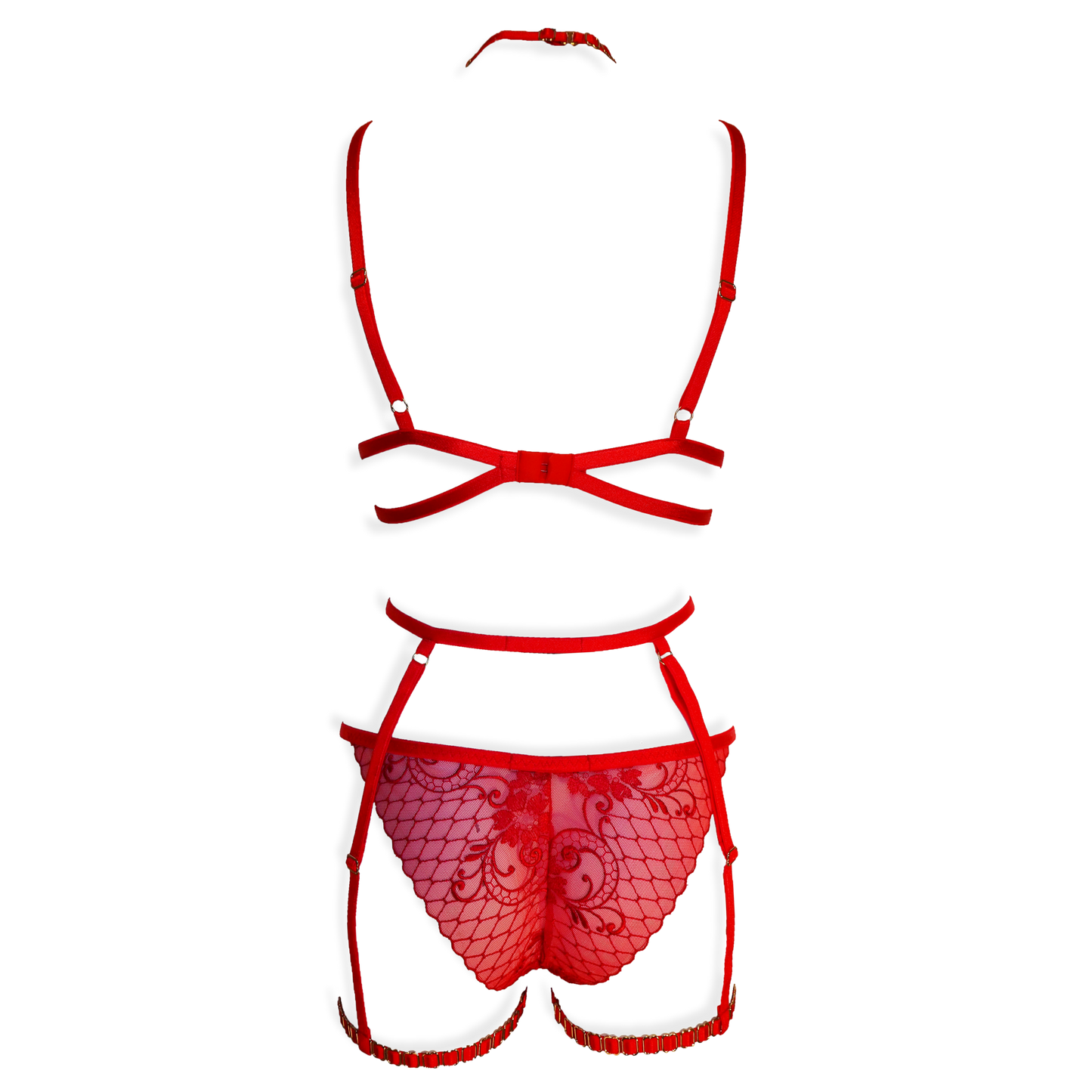 Ruby lace lingerie set with garters and detachable choker red