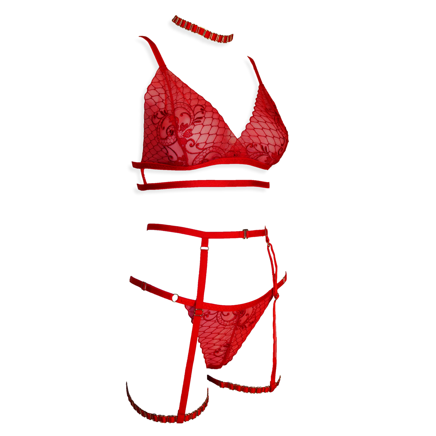 Rose Lee lace lingerie set with garters red