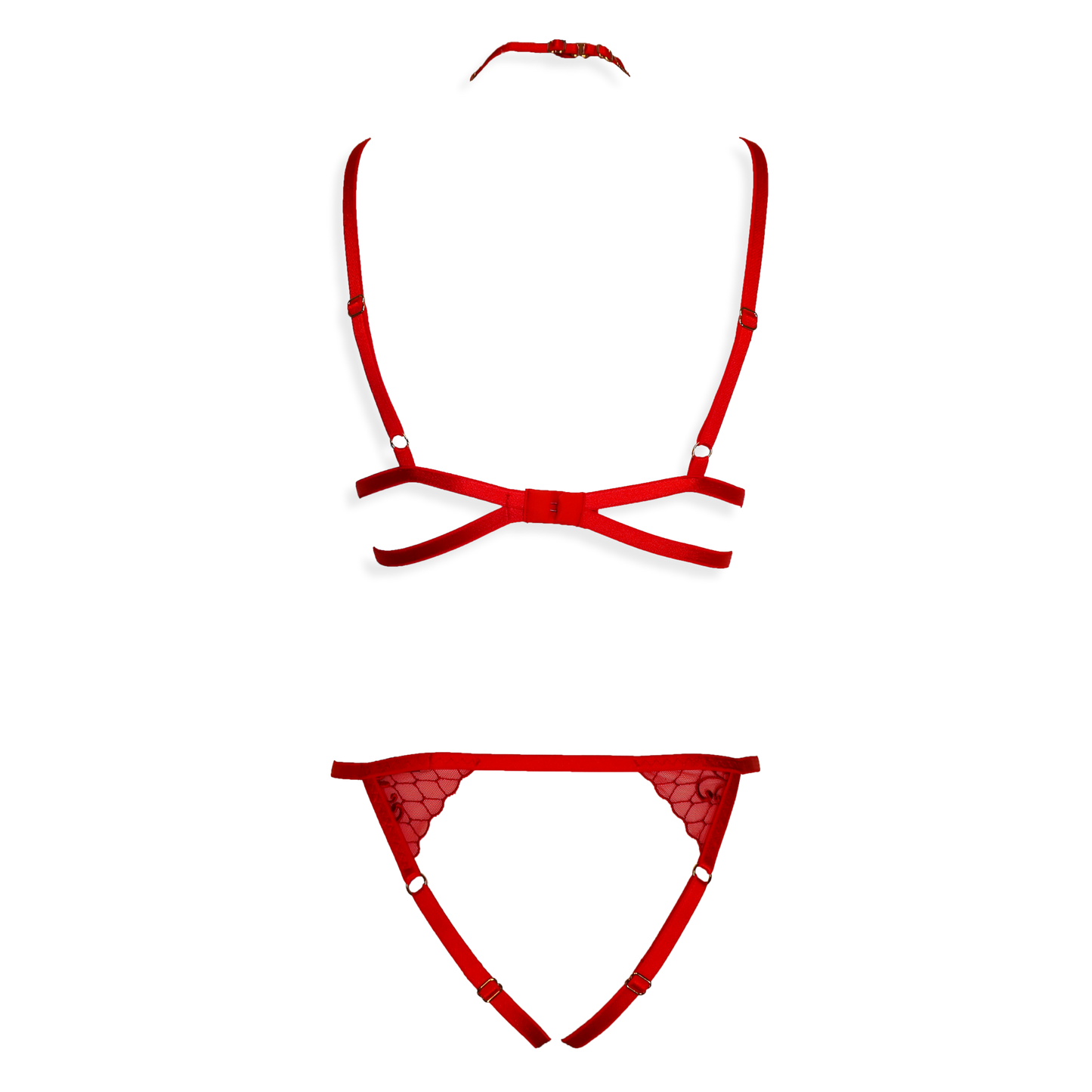 Simone lace lingerie set with crotchless panties and detachable choker red