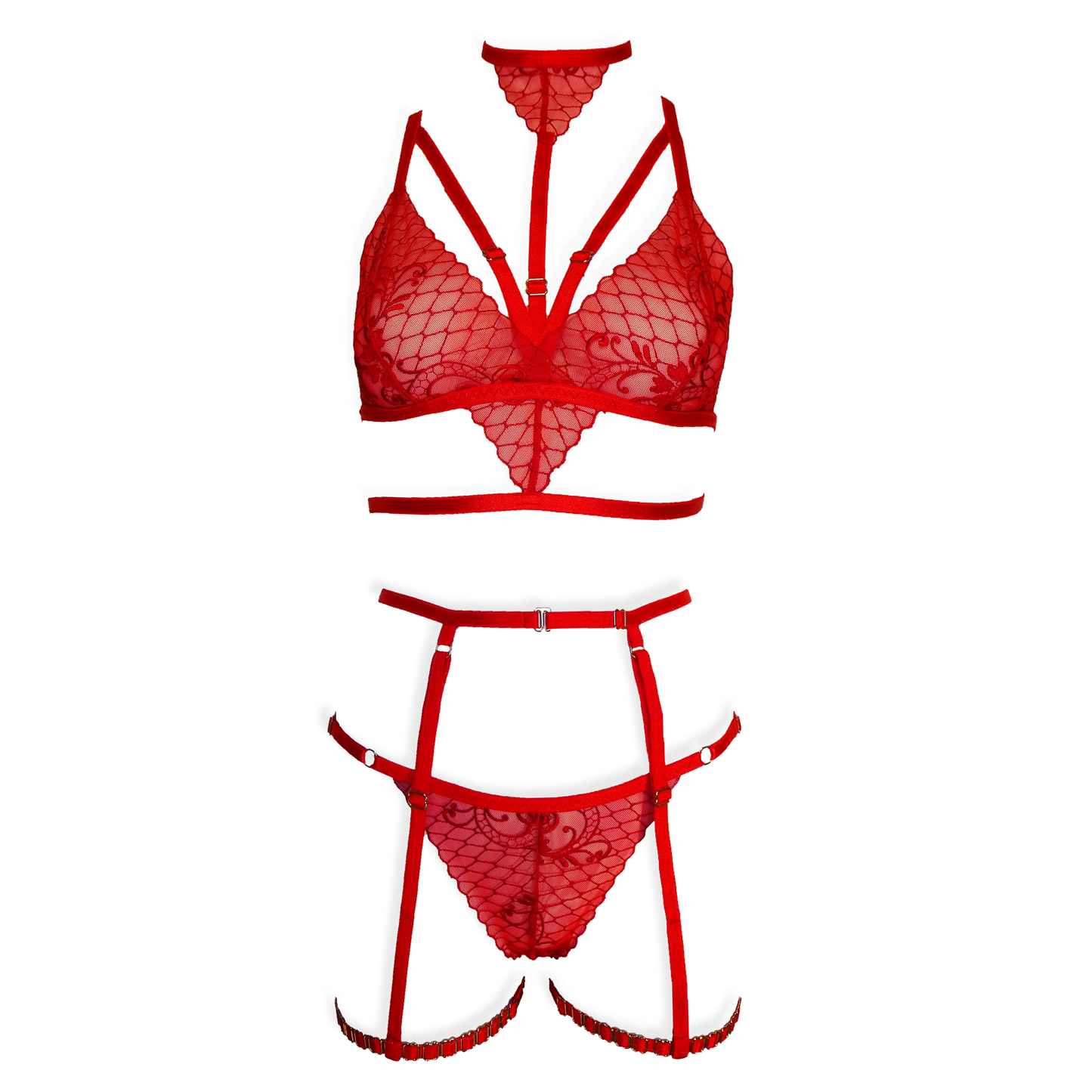 Ruby lace lingerie set with garters and detachable choker red