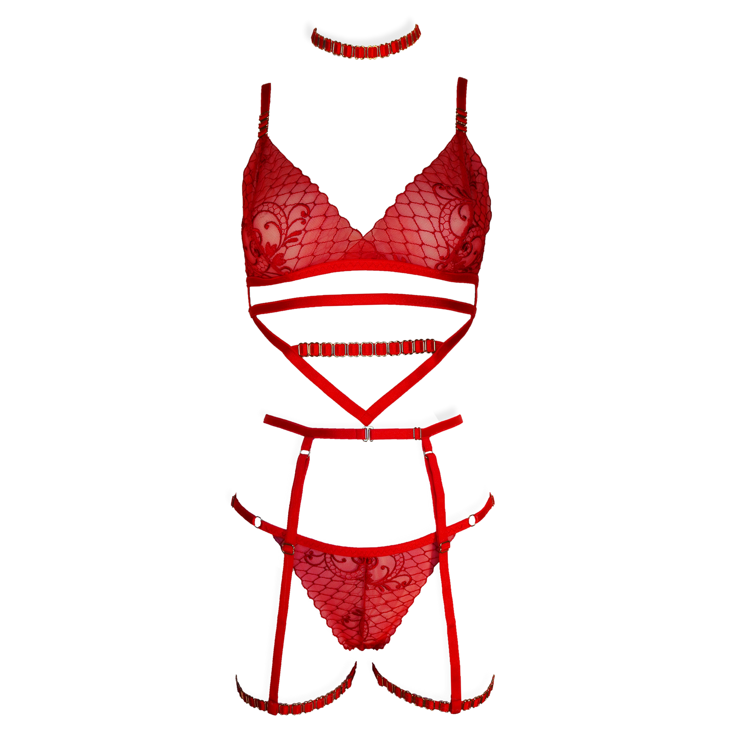 Josette lace lingerie set with garters and crotchless panties red