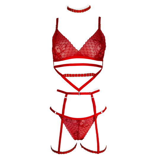Josette lace lingerie set with garters and crotchless panties red