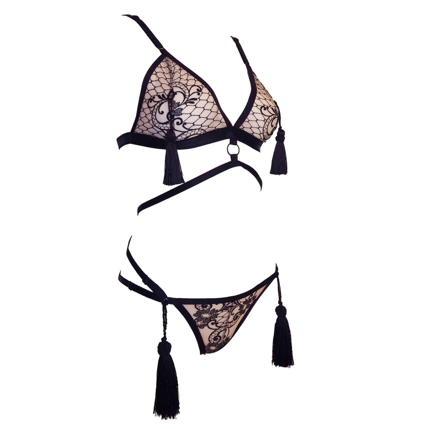 Dita Von Tease lace lingerie set with tassels black & light pink