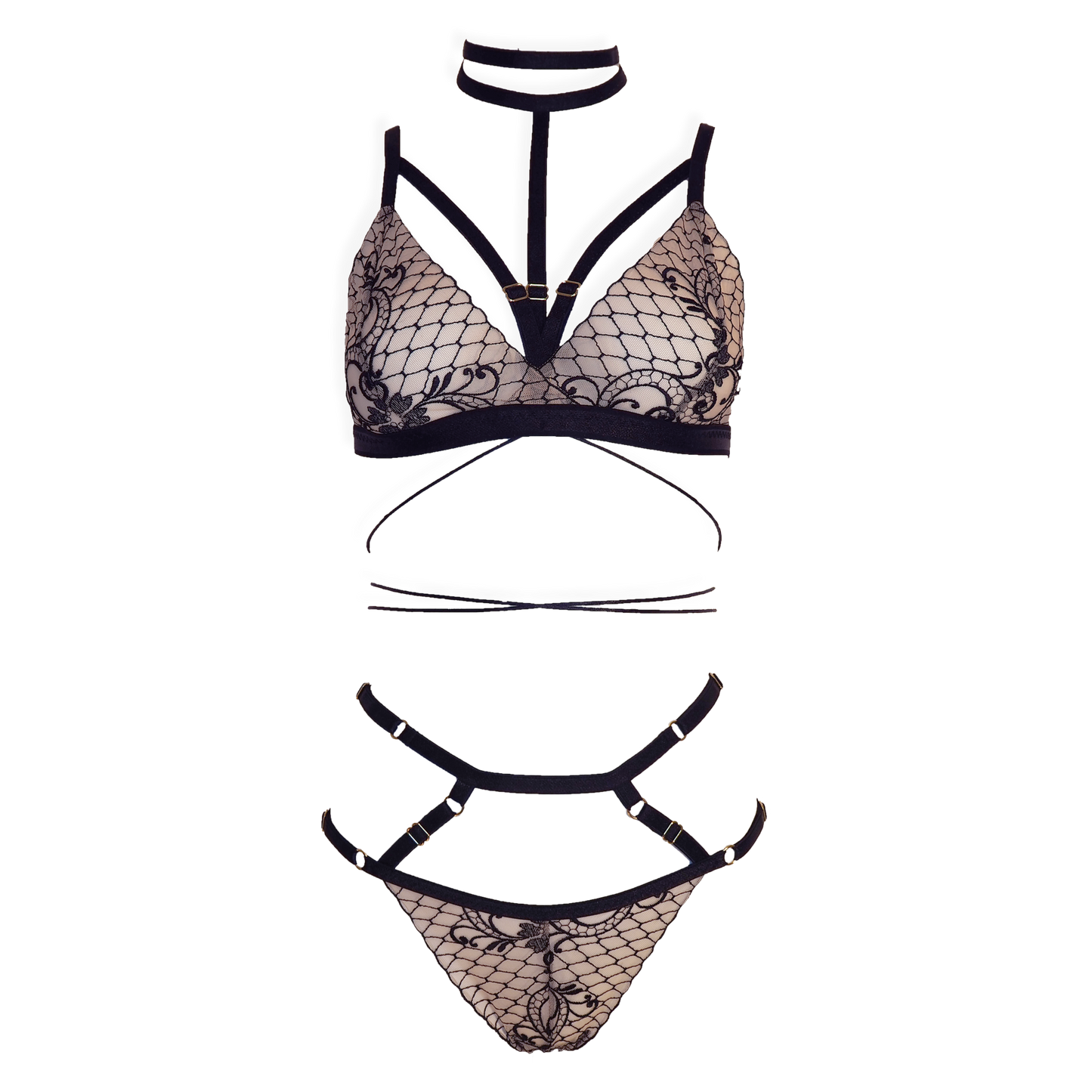 Margaux lace lingerie set with detachable choker black & light pink