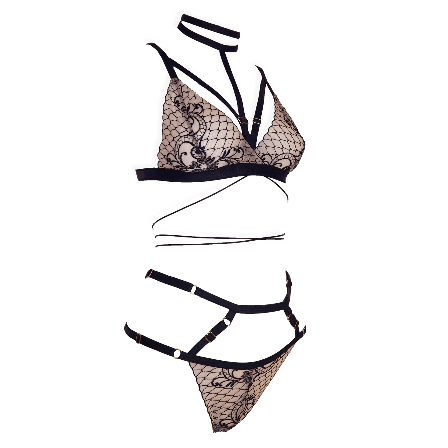 Margaux lace lingerie set with detachable choker black & light pink