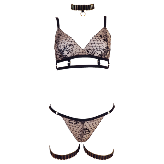 Gigi lace lingerie set with crotchless panties black & light pink