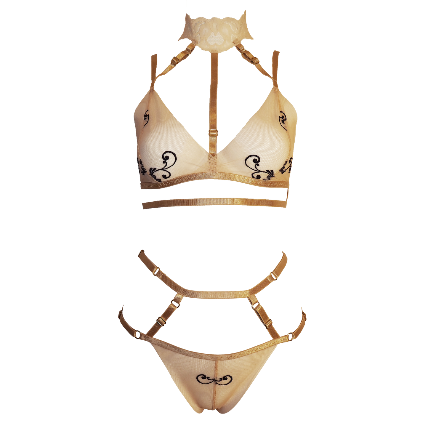Jessabelle transparent tulle lingerie set with choker beige