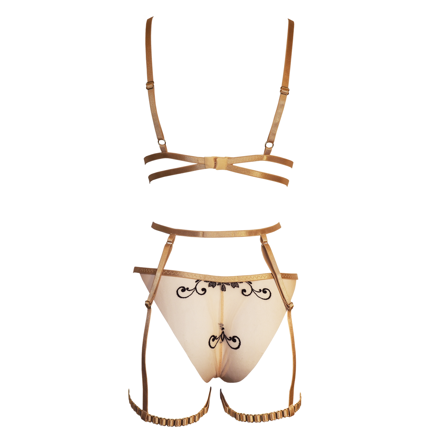 Nudee transparent tulle lingerie set with garters beige