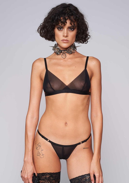 Transparent elastic tulle lingerie set black