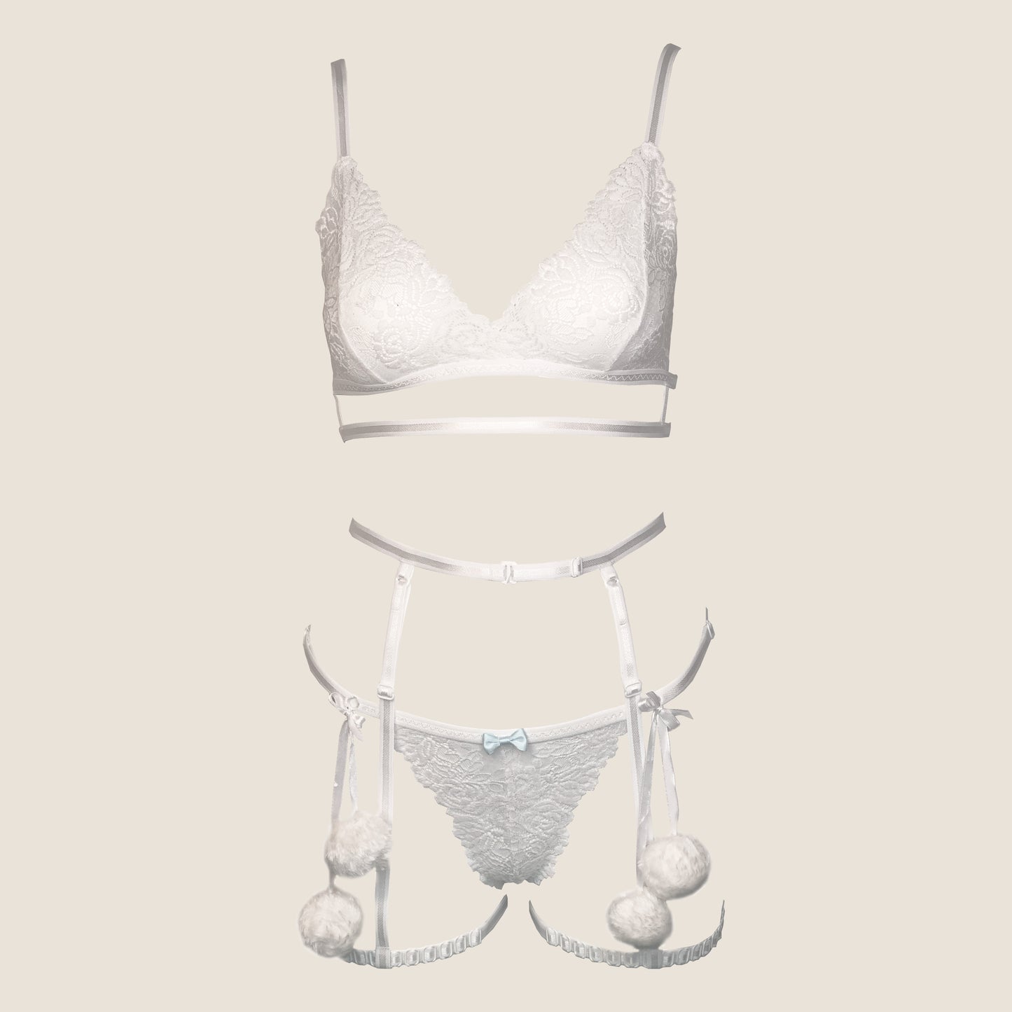 Snowflake II lace lingerie set with garters and pompoms